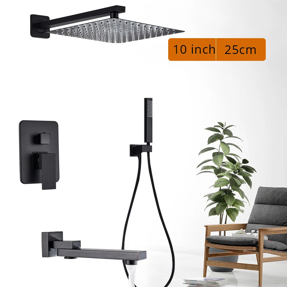 Black Shower Set Wall Mounted Shower Faucet Mixer 8/10/12/16 inch Rainfall Bathroom Shower Tap with Handshower Rotate Bath Spout