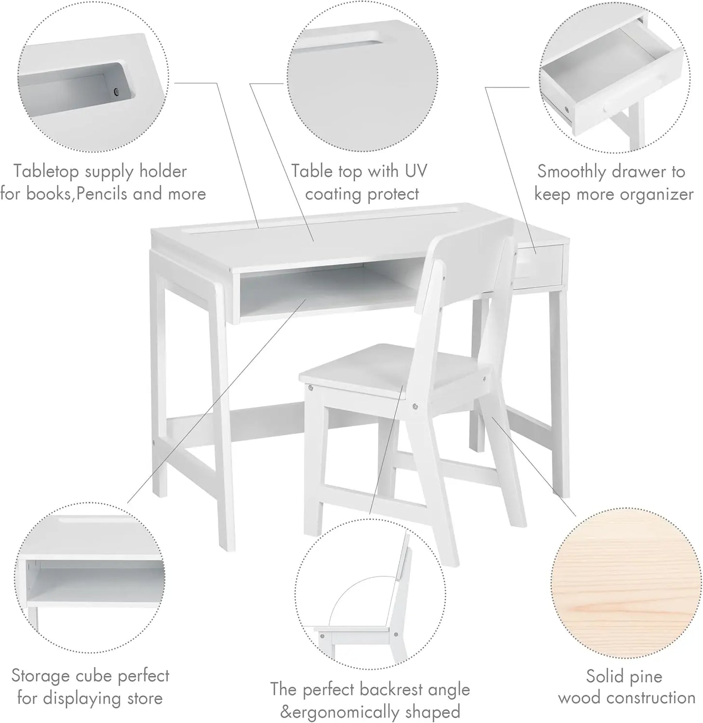 Kids Wooden Desk and Chair Set with Drawers, Study Table for Children's Bedroom & Study Room