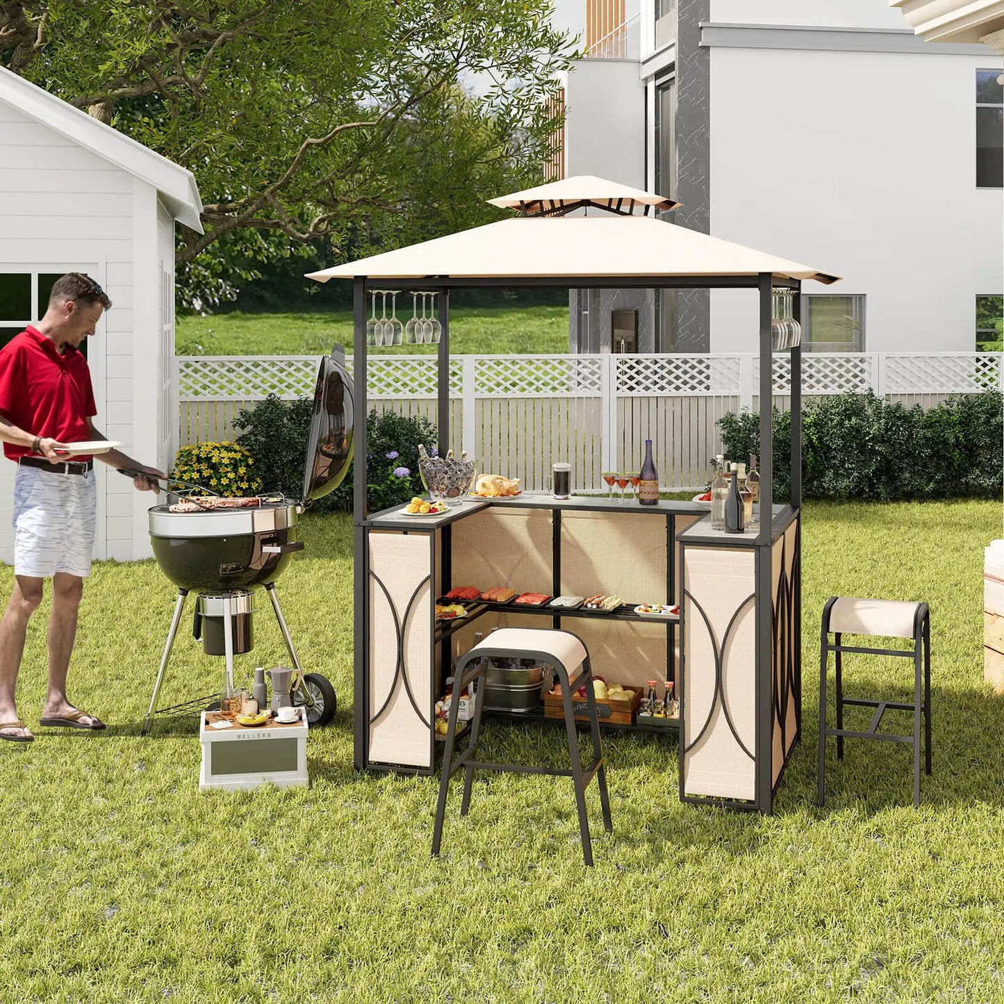 3 PCS Patio Bar Set with Tempered Glass Bar Table Metal Storage Shelves for Garden Brown