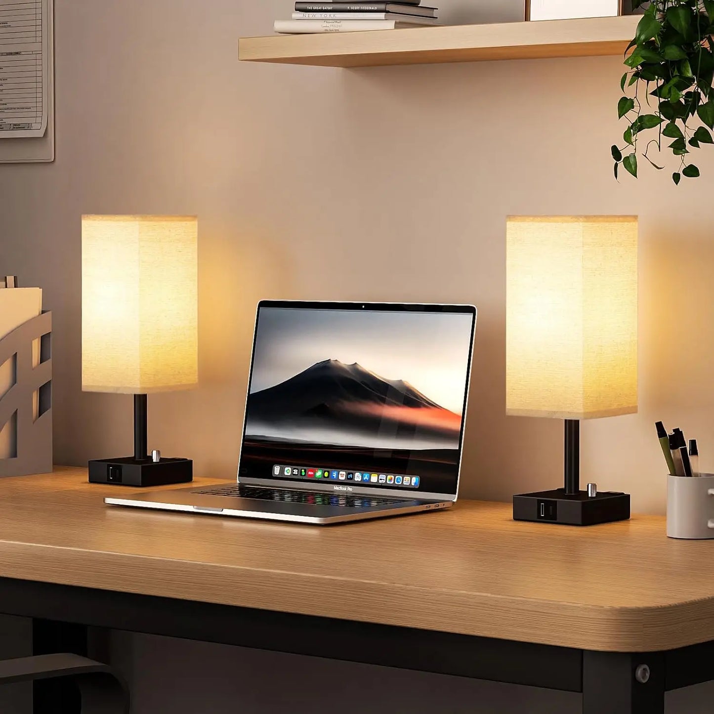 Fully Dimmable Nightstand Lamps Set of 2 with USB C+A Charging Ports & AC Outlets, Linen Shade for Bedroom Living Room