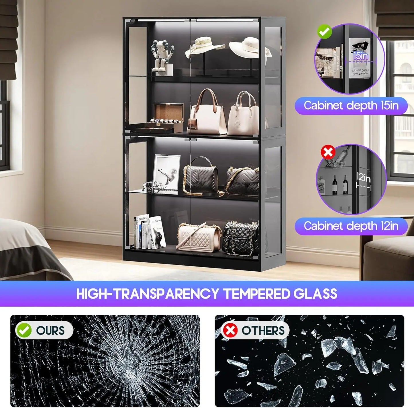 70 Inch High 45 Inch Wide 16 Inch Deep Black 4 Tier RGB LED Lighted Glass Door Display Cabinet With Adjustable Shelves