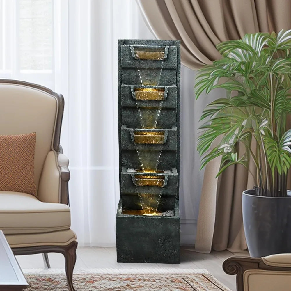 Modern 4-Tier Cascading Fountain with LED Lights - 39.3 Tall Outdoor/Indoor Water Feature for Garden