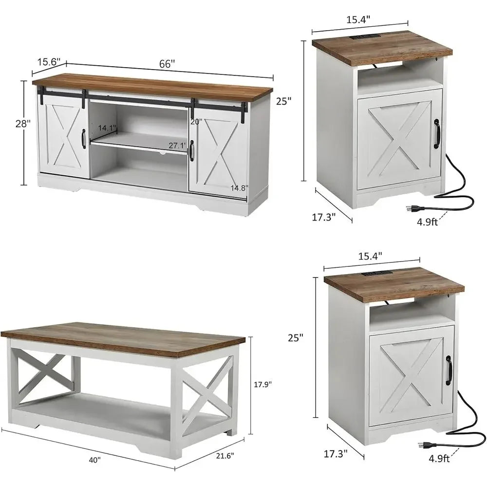 White 4-Piece Living Room Set: Sliding Door TV Stand, Coffee Table, 2 End Tables, Side Table with Charging Ports, 66