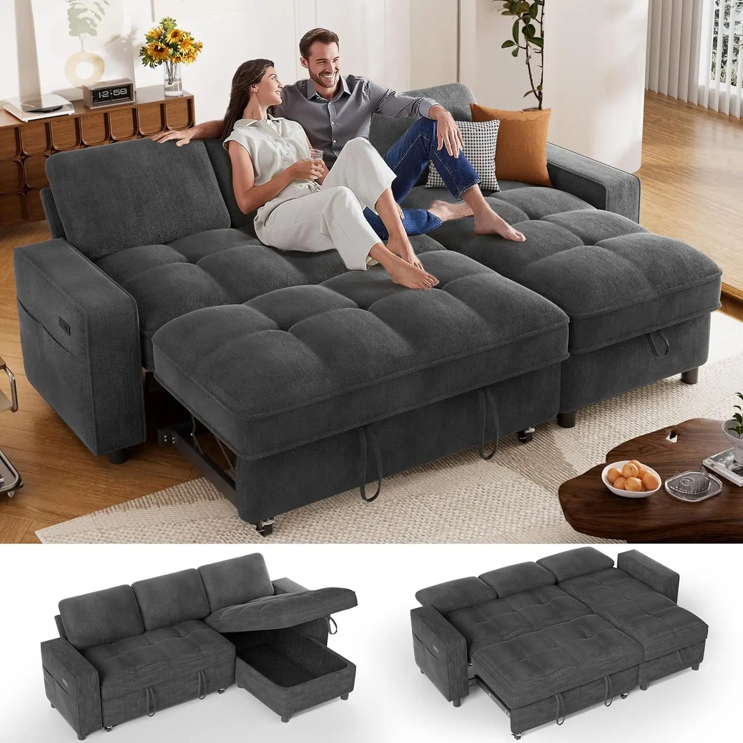 L Shaped Chenille Sleeper Sofa Pull Out Bed Reversible Storage Chaise USB Port Side Pocket Tool-Free Assembly 81" Customized