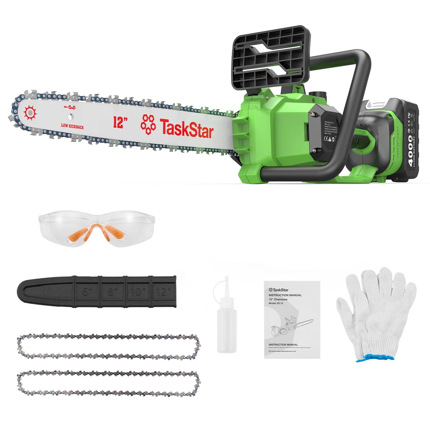 TaskStar 12-inch Brushless Electric Chainsaw Woodworking Cutting Garden Tool Cordless Electric Saw with 2 Rechargeable Batteries