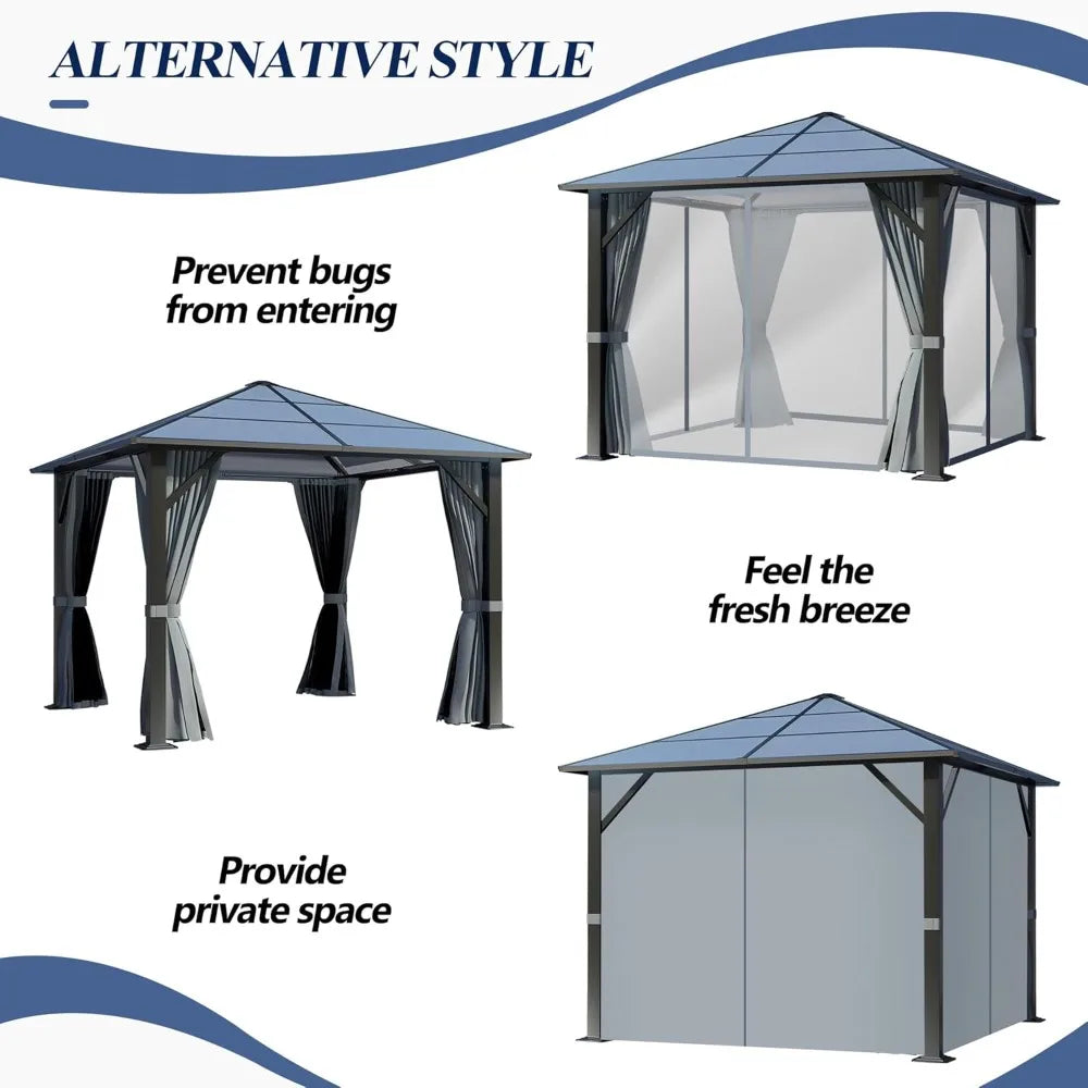 10'x10' Hardtop Gazebo with Polycarbonate Roof, Waterproof Outdoor Canopy, Steel Frame, Curtains & Netting for Backyard Garden
