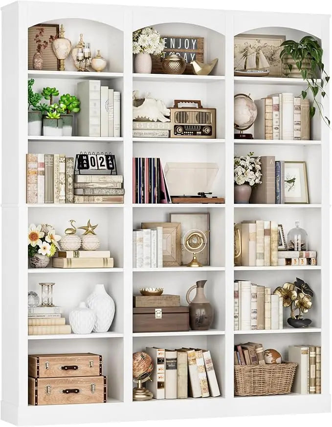 71" Triple Wide Bookshelf, 6 Tier Tall Bookcase with Curved Baffle, 18 Open Shelves for Living Room, Study