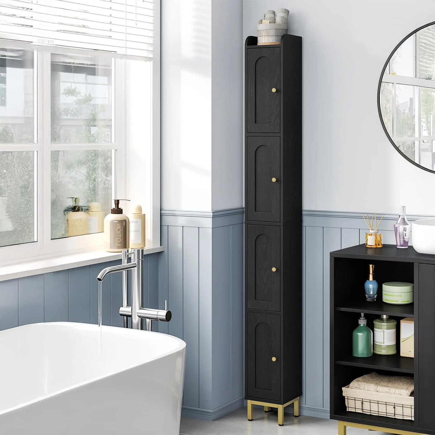 4-Tier Narrow Tall Storage Cabinet, Slim Bathroom Storage Cabinet With 4 Adjustable Feet And Shelves, Bathroom Organization For