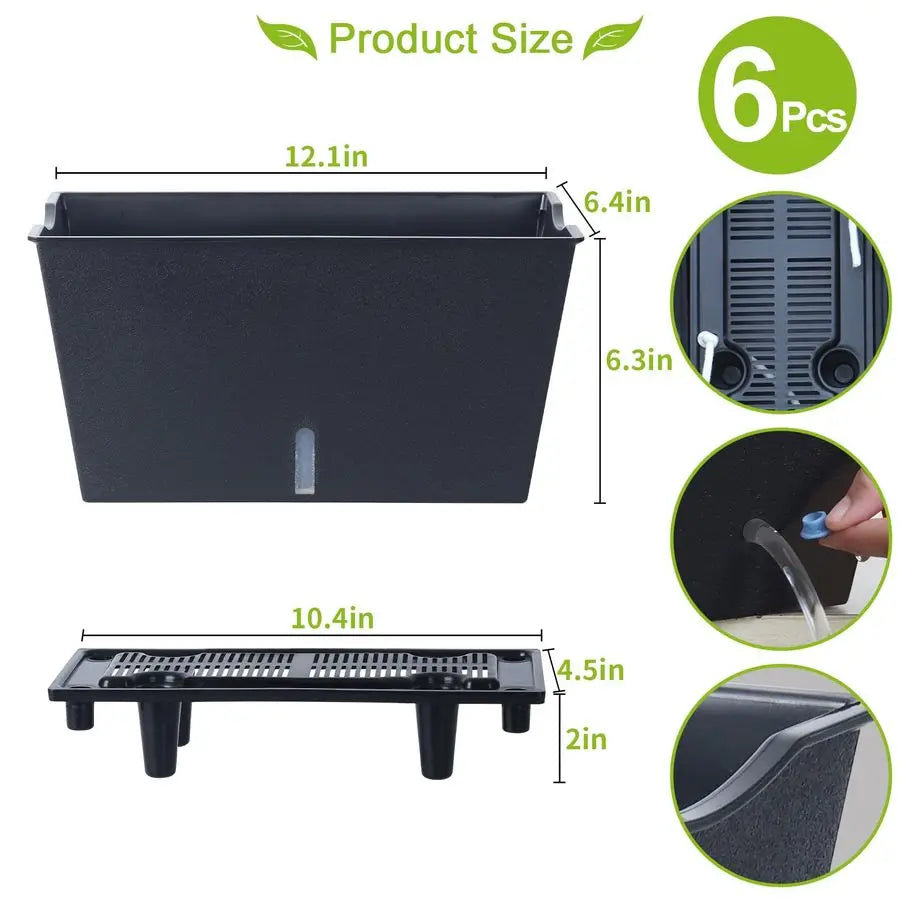 Box Planter 6 Pcs, 12.1 Inches Self Watering Plant Pots Rectangle Flower Pots with Drainage Holes and Breathable Trays, Vegetabl
