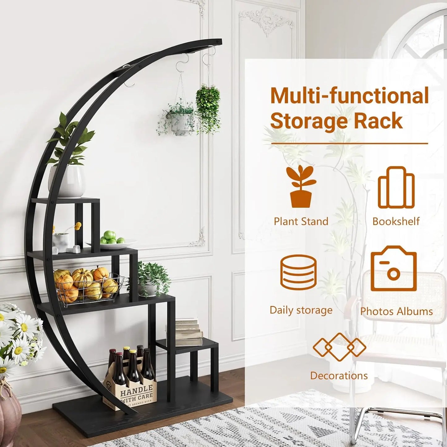 2pcs 5-Tier Metal Plant Stand Indoor Half Moon Shape Tall Garden Plant Holder Round Flower Shelf Rack for Home Patio Lawn Living