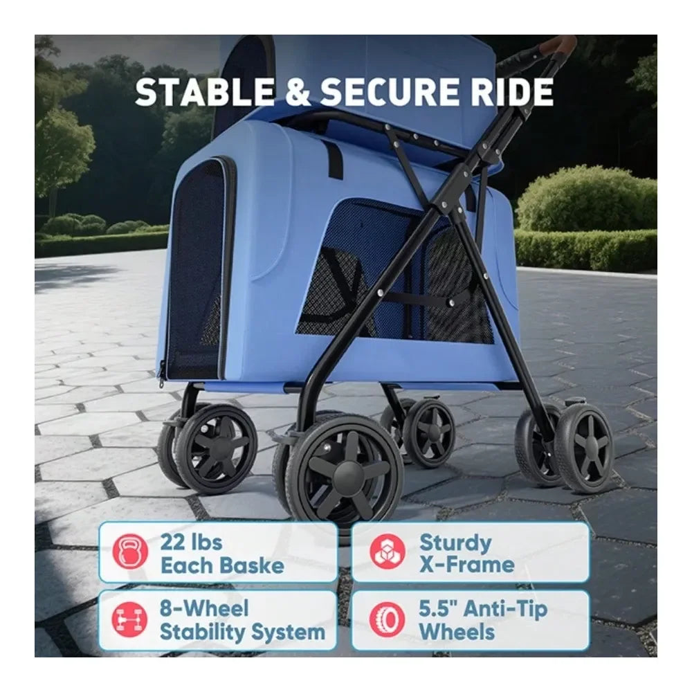 In 1 Foldable Double Pet Stroller For 2 Small Medium Dogs And Cats, Detachable Top Bottom Carriers, Breathable Mesh, OneClick F