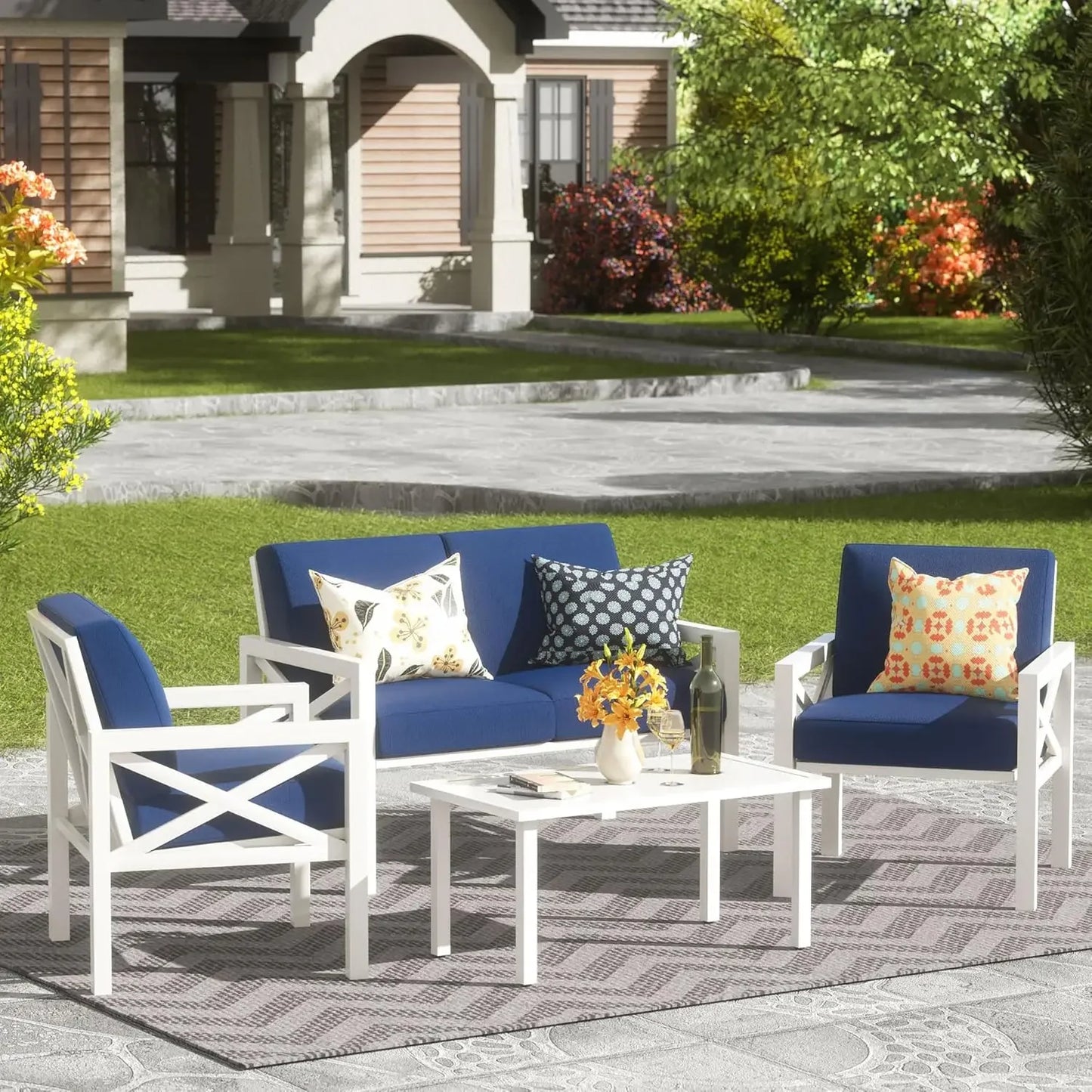Outdoor Patio Furniture 4 Pieces Set, Outdoor Sectional Sofa with 5.5 Inch Cushion and Coffee Table, Patio Conversation Sets