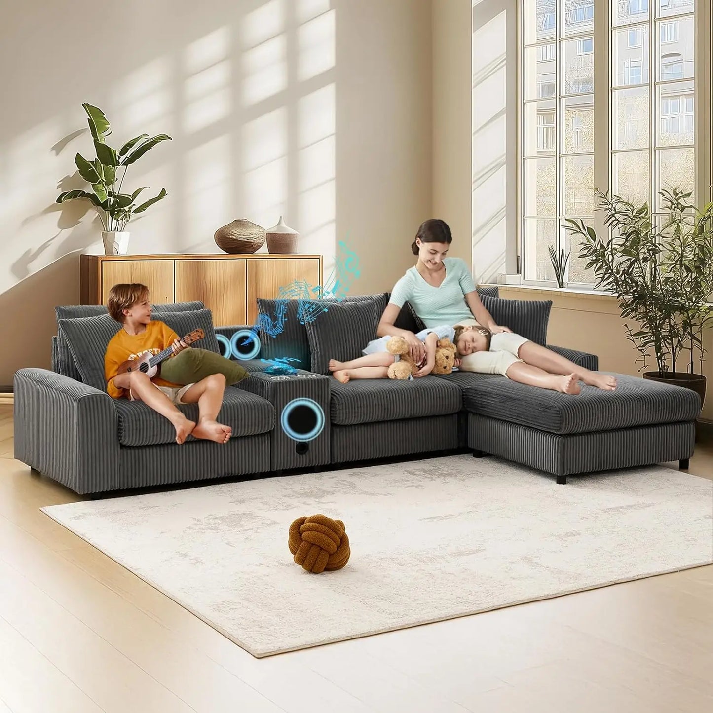 Corduroy L-Shaped Sectional Sofa 114' with Bluetooth Speakers & USB Charging Comfy Reclining Couch with Ottoman And Cup Holders