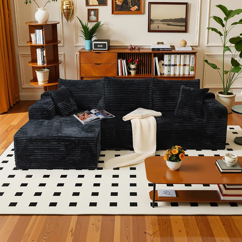 105Inch L-Shaped Living Room Sofa, No Assembly Required, Cozy Corduroy Fabric, Sofa Bed Convertible, Minimalist Deep Seat Design