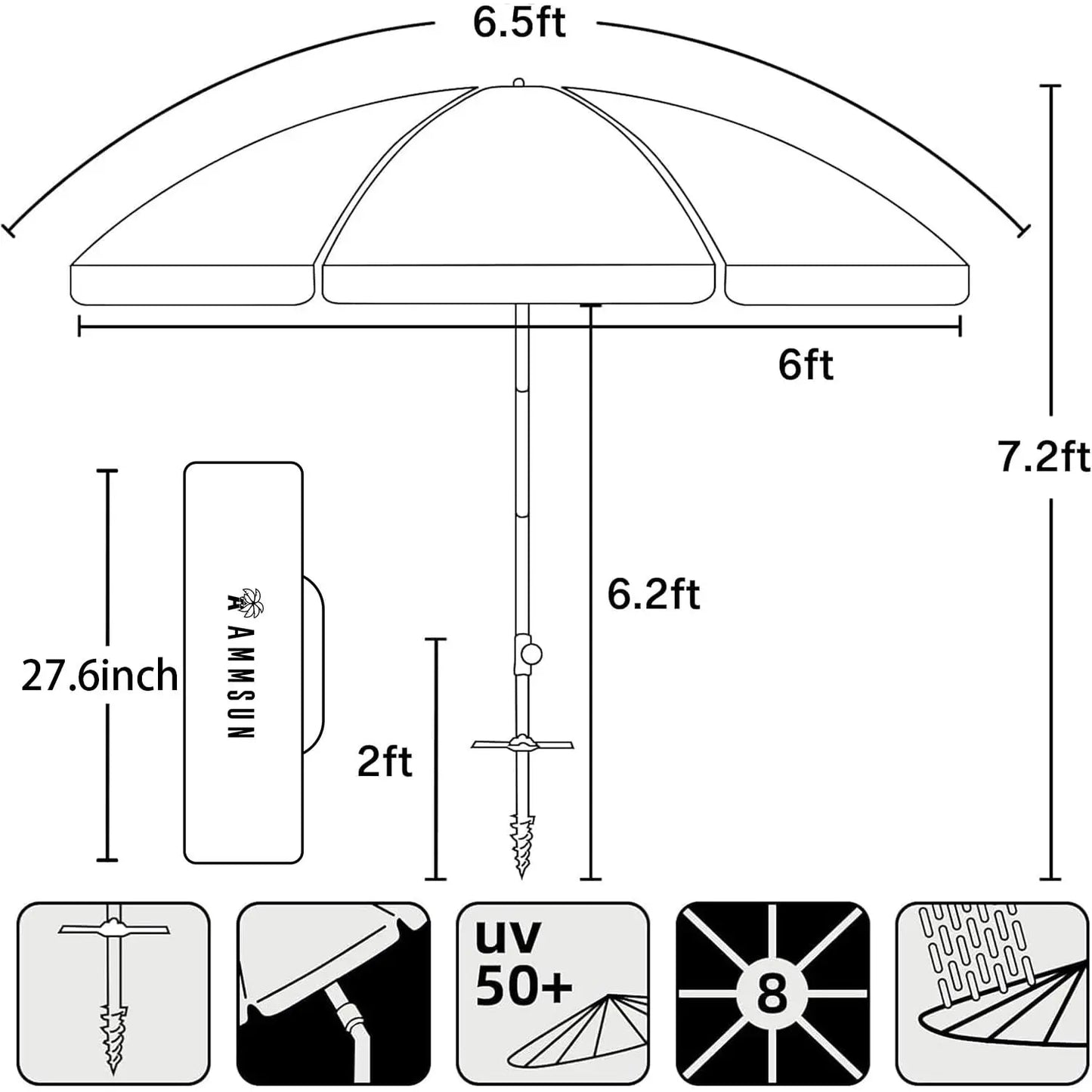 6.5ft Portable Beach Umbrella Twice Folded with Sand Anchor Windproof UPF 50+ Push Button Tilt for Patio Pool Backyard Blue
