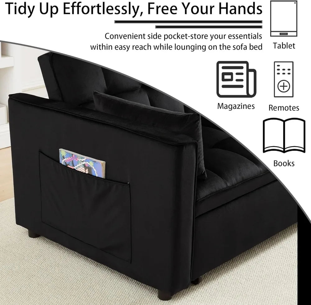 70" 3-in-1 Velvet Sleeper Sofa Bed, Convertible Pull Out Couch w/Adjustable Back & Storage, Black Futon for Small Space
