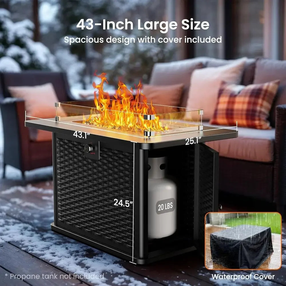 43 Outdoor Propane Fire Pit Table with 60k BTU Burner, Premium Glass Rocks, Wind Guard, Waterproof Cover, and Cup Holders for Pa