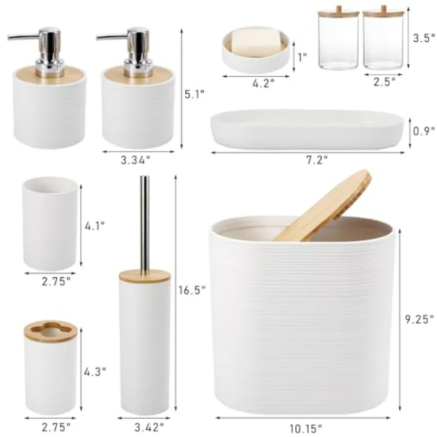 White Bathroom Set with Trash Can 2PCS Soap Dispensers Soap Dish Toothbrush Holder Toothbrush Cup Toilet Brush Tray and Qtip Ho