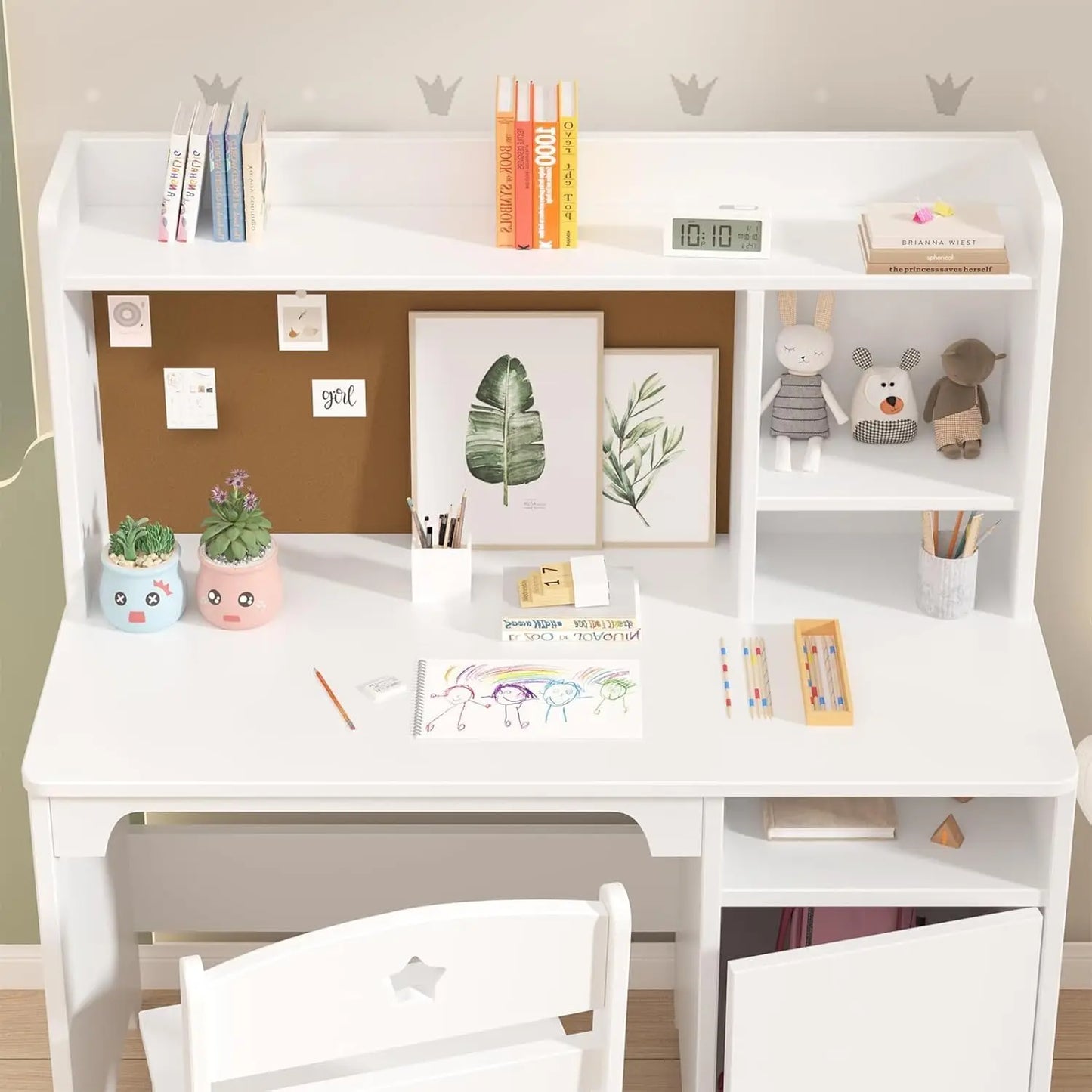Kids Study Desk and Chair Set Wooden Student Writing Desk with Hutch & Storage Cabinet,Computer Workstation for Bedroom