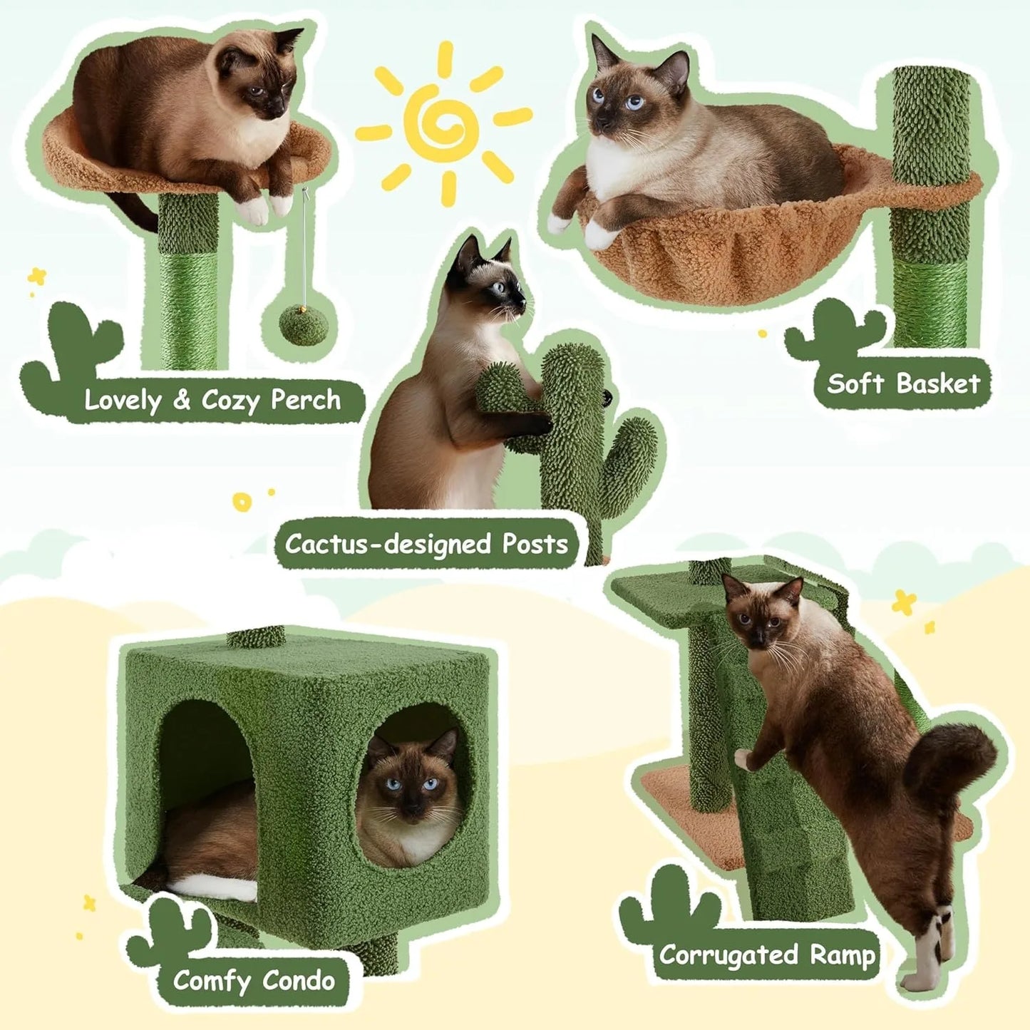 | Cactus Cat Tree | 59.5in Cat Tower w/Cute Perch, Cozy Condo, Convenient Climbing Ladder | Moppy Fabric-Covered Cat H
