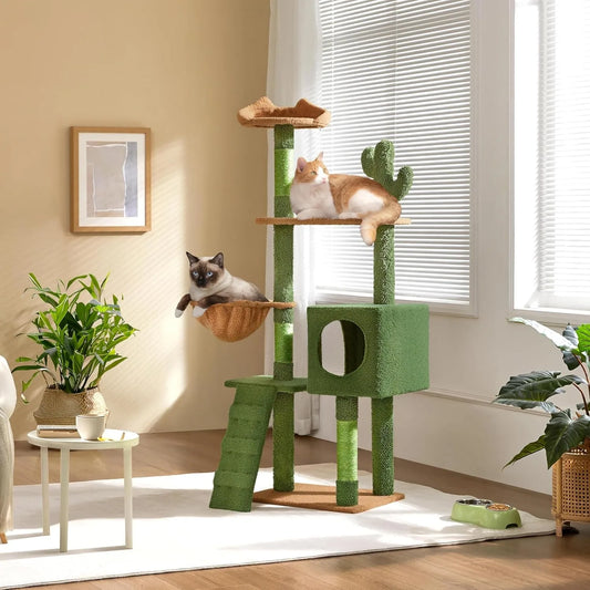 | Cactus Cat Tree | 59.5in Cat Tower w/Cute Perch, Cozy Condo, Convenient Climbing Ladder | Moppy Fabric-Covered Cat H