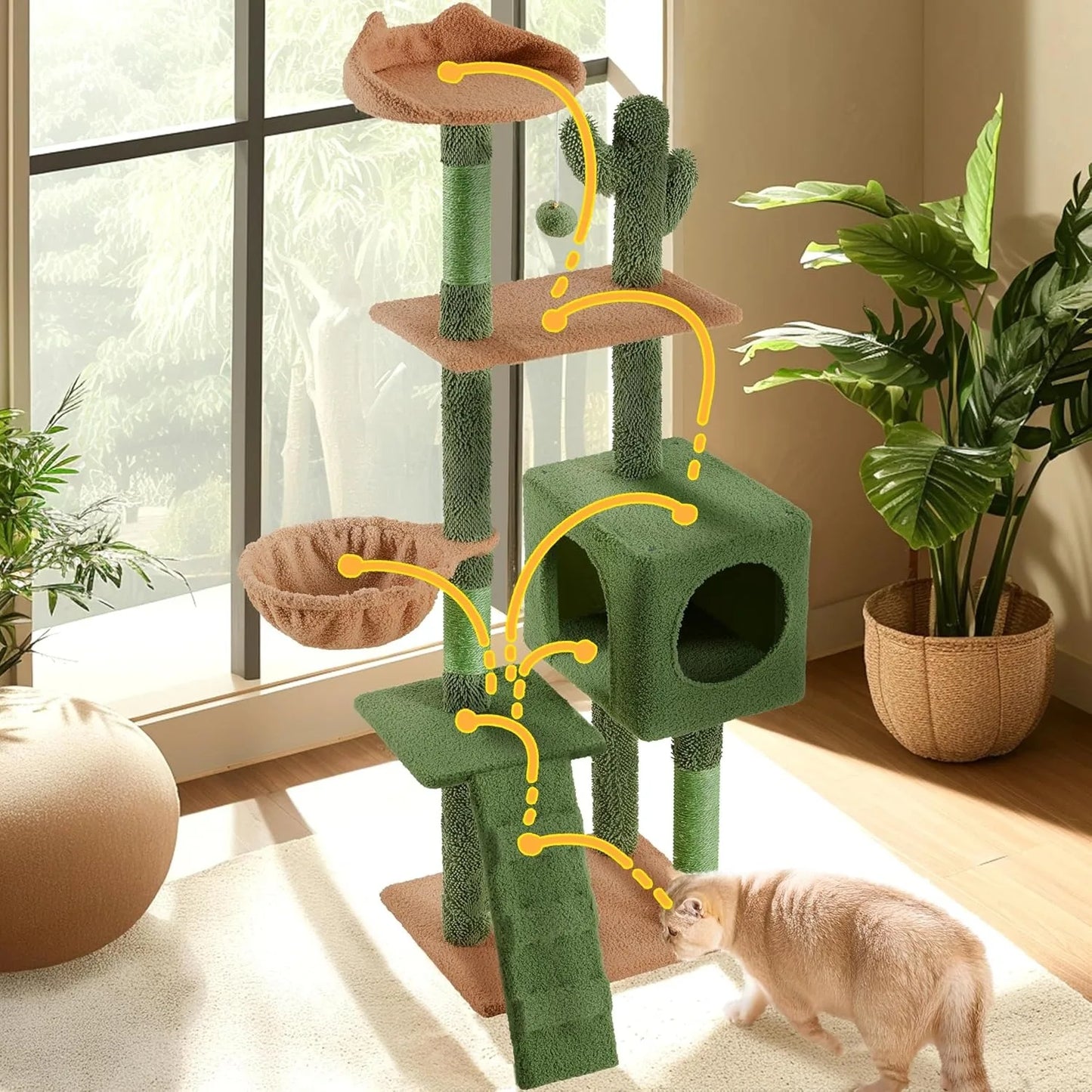 | Cactus Cat Tree | 59.5in Cat Tower w/Cute Perch, Cozy Condo, Convenient Climbing Ladder | Moppy Fabric-Covered Cat H