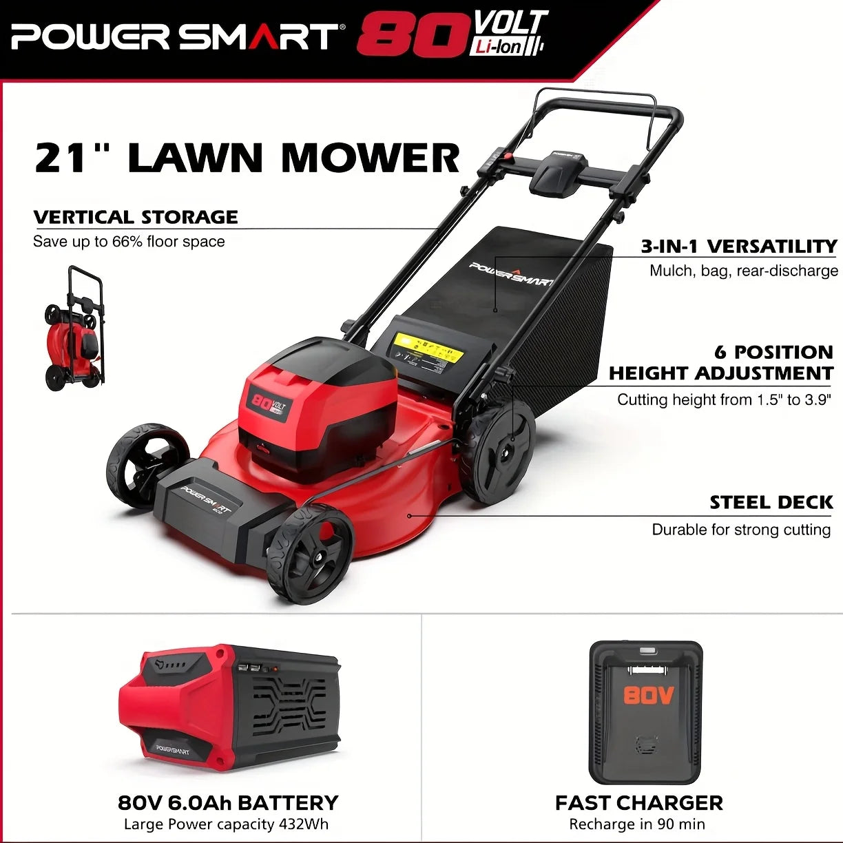 PowerSmart 80V 21in 3-in-1 Push Cordless Lawn Mower, Brushless Battery Lawn Mower with 6.0Ah Battery and Charger