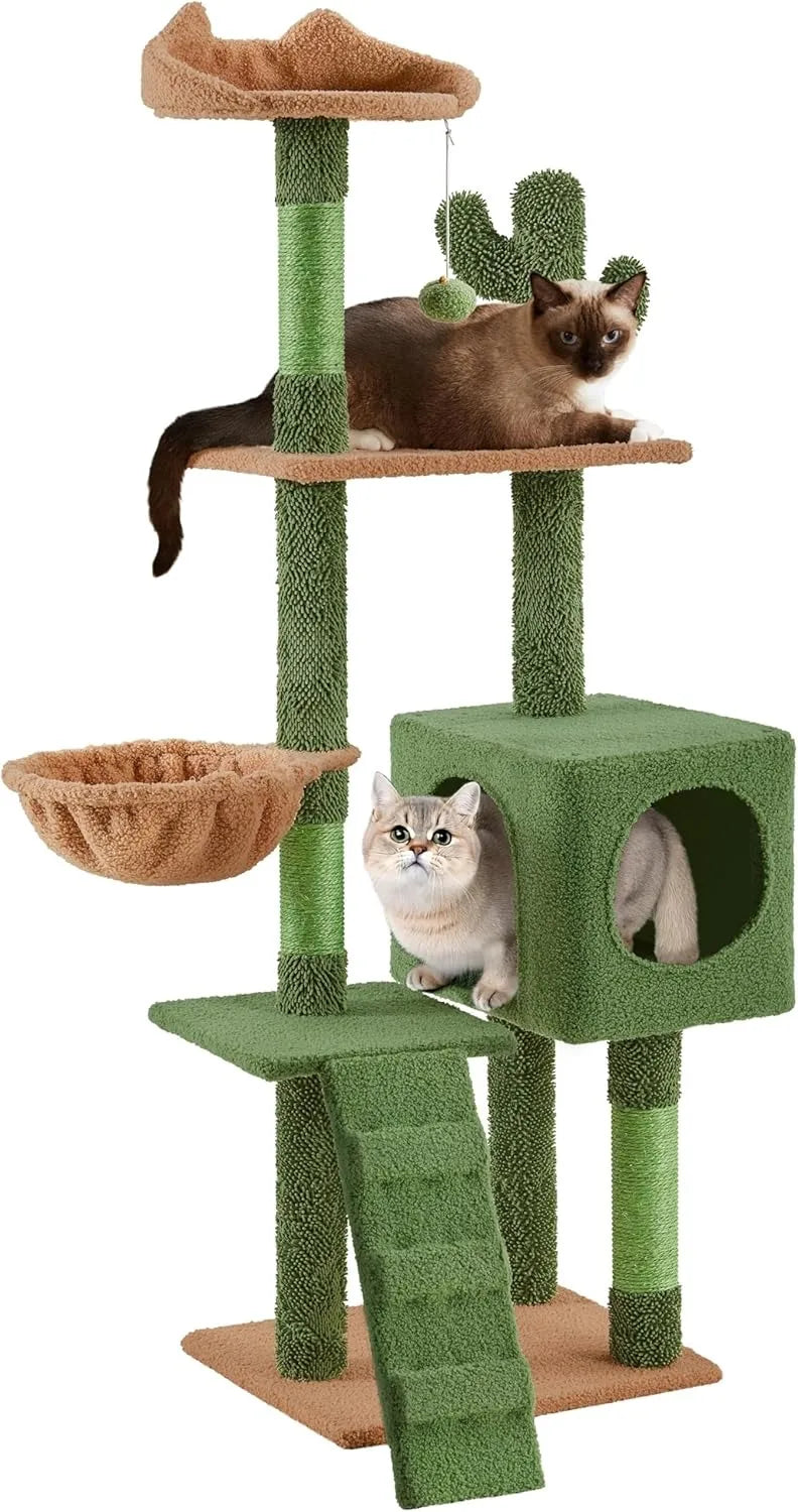 | Cactus Cat Tree | 59.5in Cat Tower w/Cute Perch, Cozy Condo, Convenient Climbing Ladder | Moppy Fabric-Covered Cat H