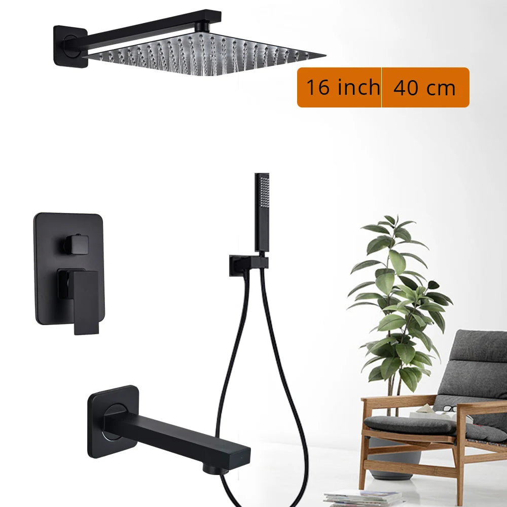 Black Shower Set Wall Mounted Shower Faucet Mixer 8/10/12/16 inch Rainfall Bathroom Shower Tap with Handshower Rotate Bath Spout