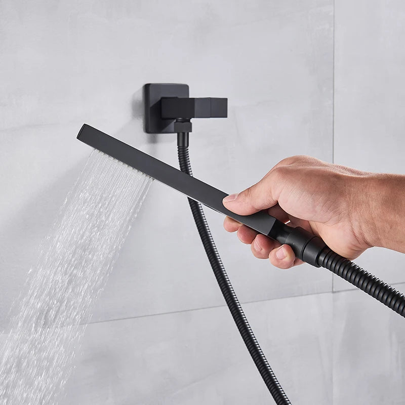 Black Shower Set Wall Mounted Shower Faucet Mixer 8/10/12/16 inch Rainfall Bathroom Shower Tap with Handshower Rotate Bath Spout