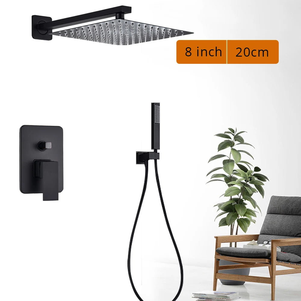 Black Shower Set Wall Mounted Shower Faucet Mixer 8/10/12/16 inch Rainfall Bathroom Shower Tap with Handshower Rotate Bath Spout