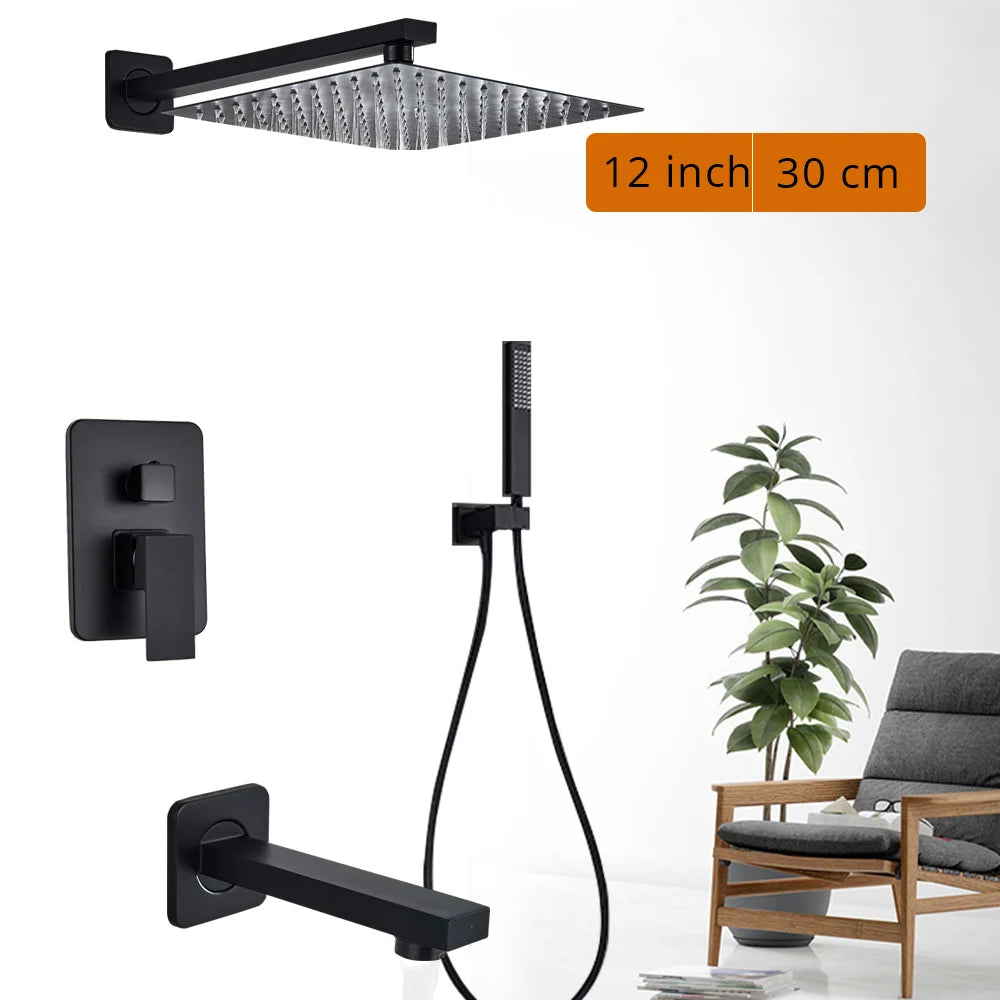 Black Shower Set Wall Mounted Shower Faucet Mixer 8/10/12/16 inch Rainfall Bathroom Shower Tap with Handshower Rotate Bath Spout