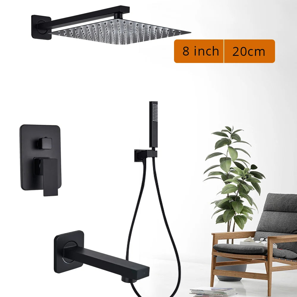 Black Shower Set Wall Mounted Shower Faucet Mixer 8/10/12/16 inch Rainfall Bathroom Shower Tap with Handshower Rotate Bath Spout