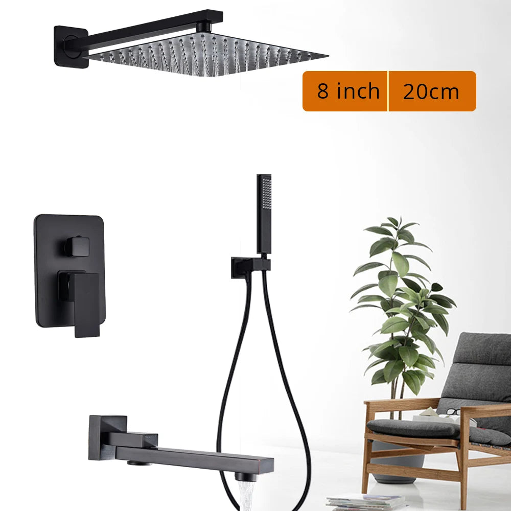 Black Shower Set Wall Mounted Shower Faucet Mixer 8/10/12/16 inch Rainfall Bathroom Shower Tap with Handshower Rotate Bath Spout