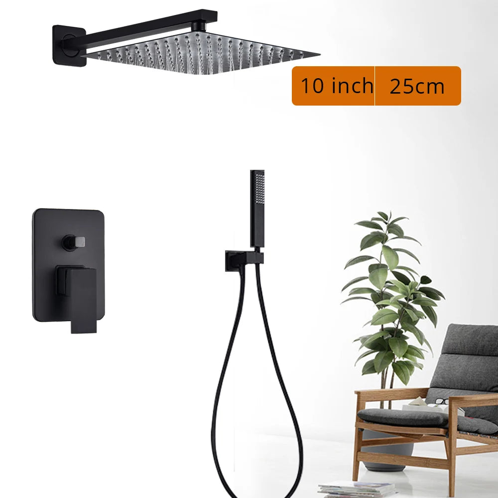 Black Shower Set Wall Mounted Shower Faucet Mixer 8/10/12/16 inch Rainfall Bathroom Shower Tap with Handshower Rotate Bath Spout