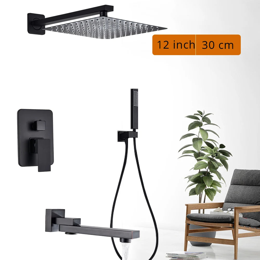 Black Shower Set Wall Mounted Shower Faucet Mixer 8/10/12/16 inch Rainfall Bathroom Shower Tap with Handshower Rotate Bath Spout