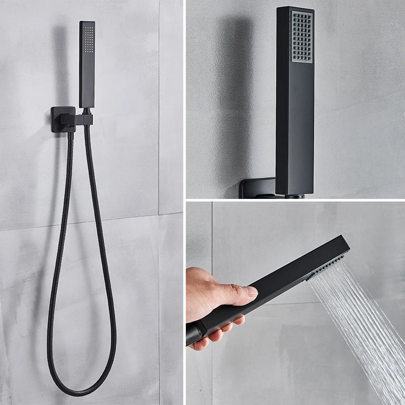 Black Shower Set Wall Mounted Shower Faucet Mixer 8/10/12/16 inch Rainfall Bathroom Shower Tap with Handshower Rotate Bath Spout