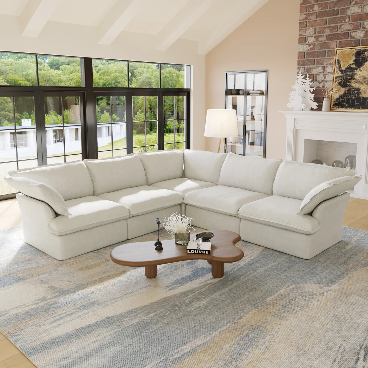 L Shape Corner Sectional Couch  Breathable Linen Cloud Couches Down Fill Convertible Modular Sectional Sofas for Living Room