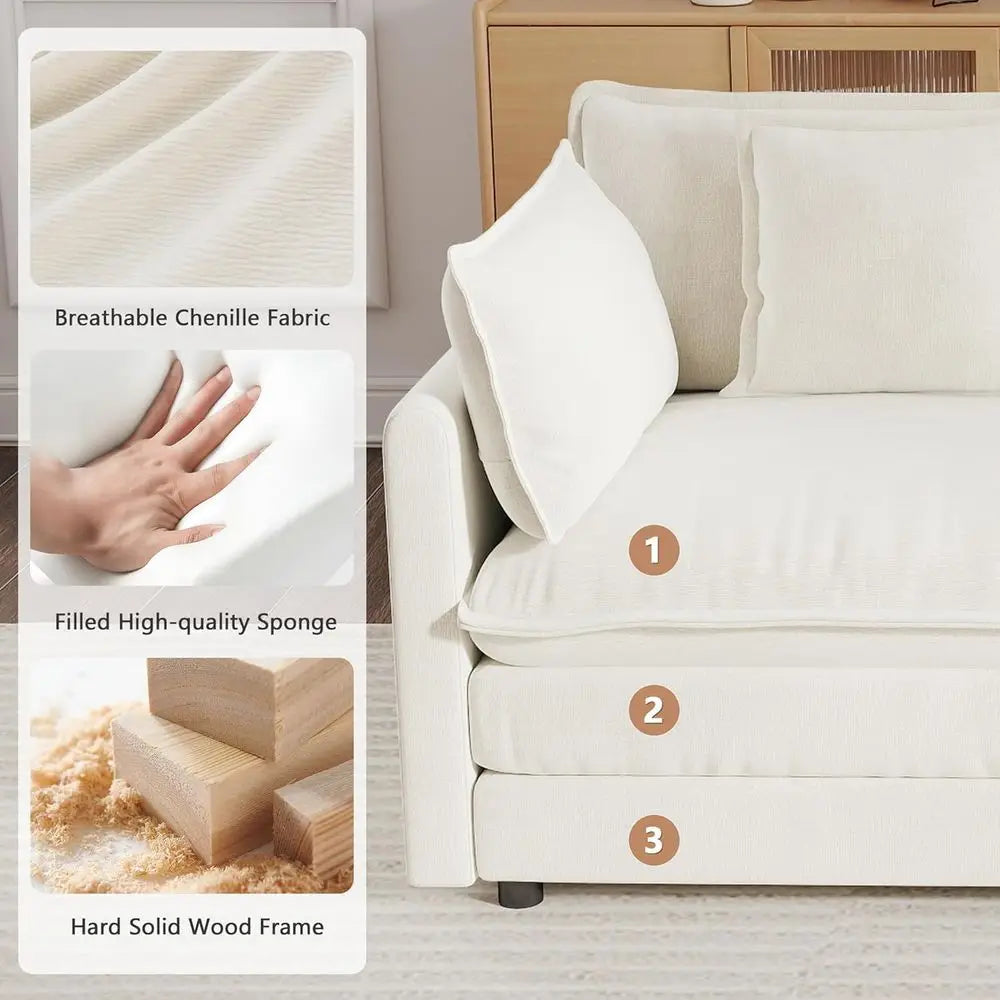 146.5 L-Shaped 4-Seat Chenille Couch Set with Ottoman, Beige, Comfortable Living Room Furniture