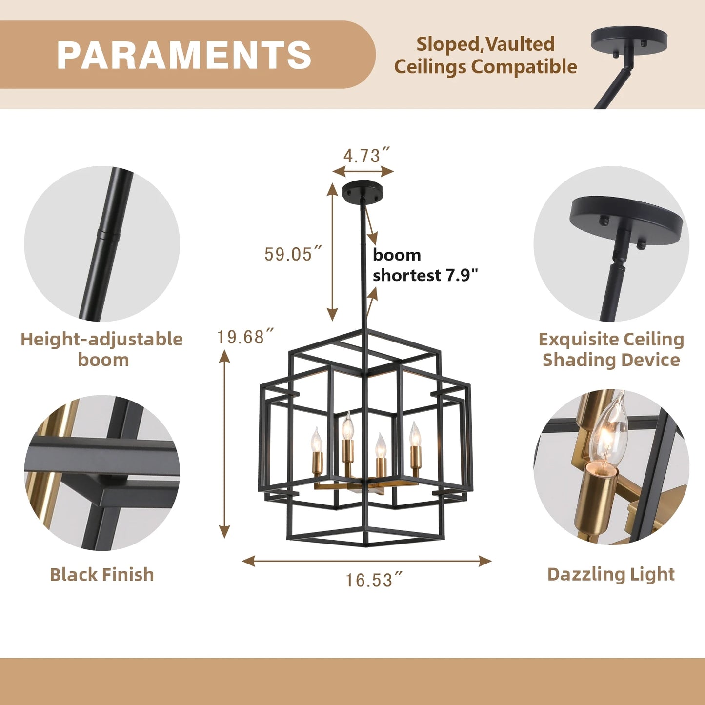 4-Lights Pendant Lights Fixtures Lantern American Style Industrial Farmhouse Hanging Chandelier for Living Room Island Kitchen