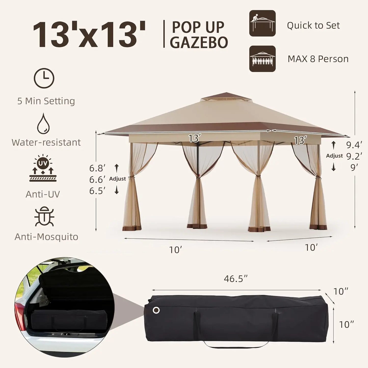 13x13 Pop Up Gazebo with Mosquito Netting – Easy 1-Person Setup, Water-Resistant Backyard Canopy for Family Patio & Garden Use,K