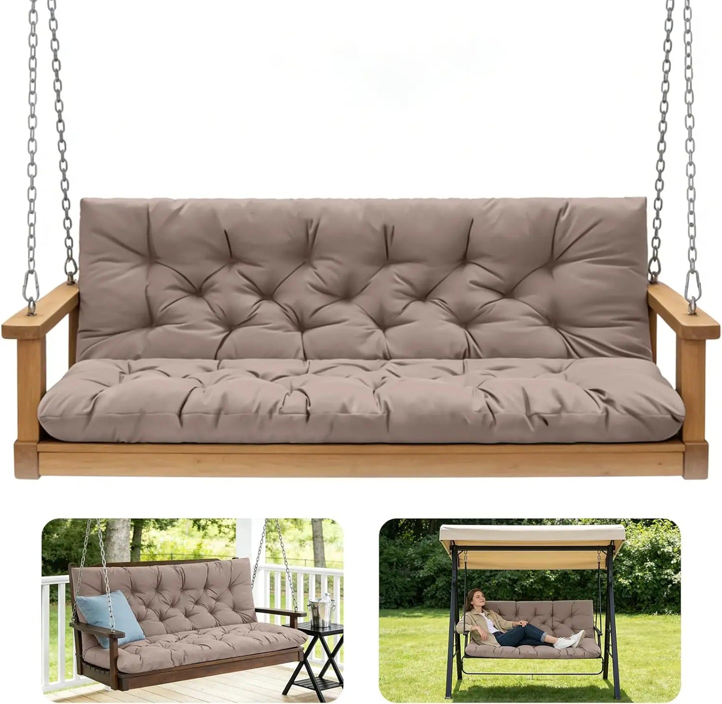 Waterproof Outdoor Swing Cushions with Backrest and Ties, 3-Seater Thickened Bench Cushion for Patio, Garden (Khaki 60x40 in)