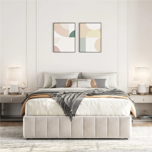 Bed with Underbed 4 Storage Drawers, Large Storage Space，Full/Queen