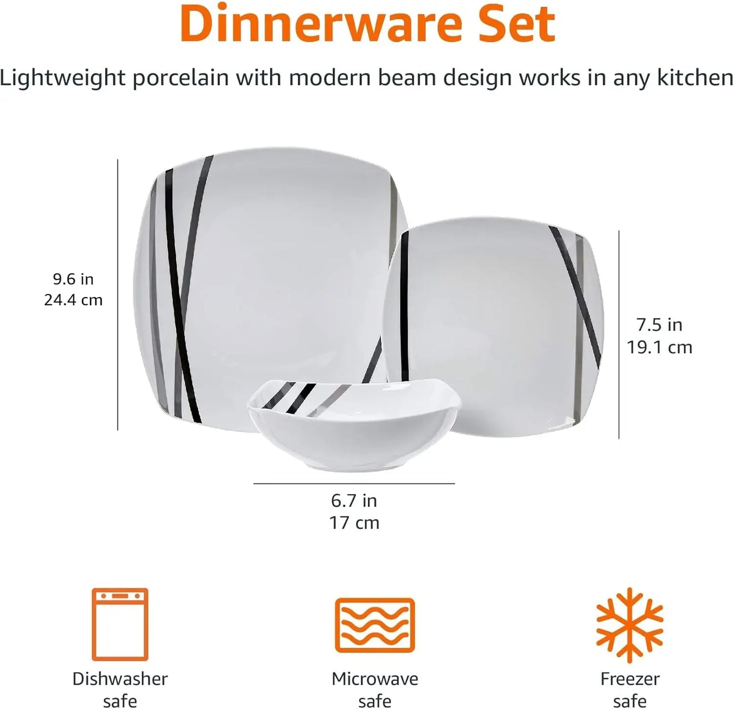 18-Piece Square Dinnerware Set for 6 - Modern Beams Plates and Bowls, Kitchen Essentials