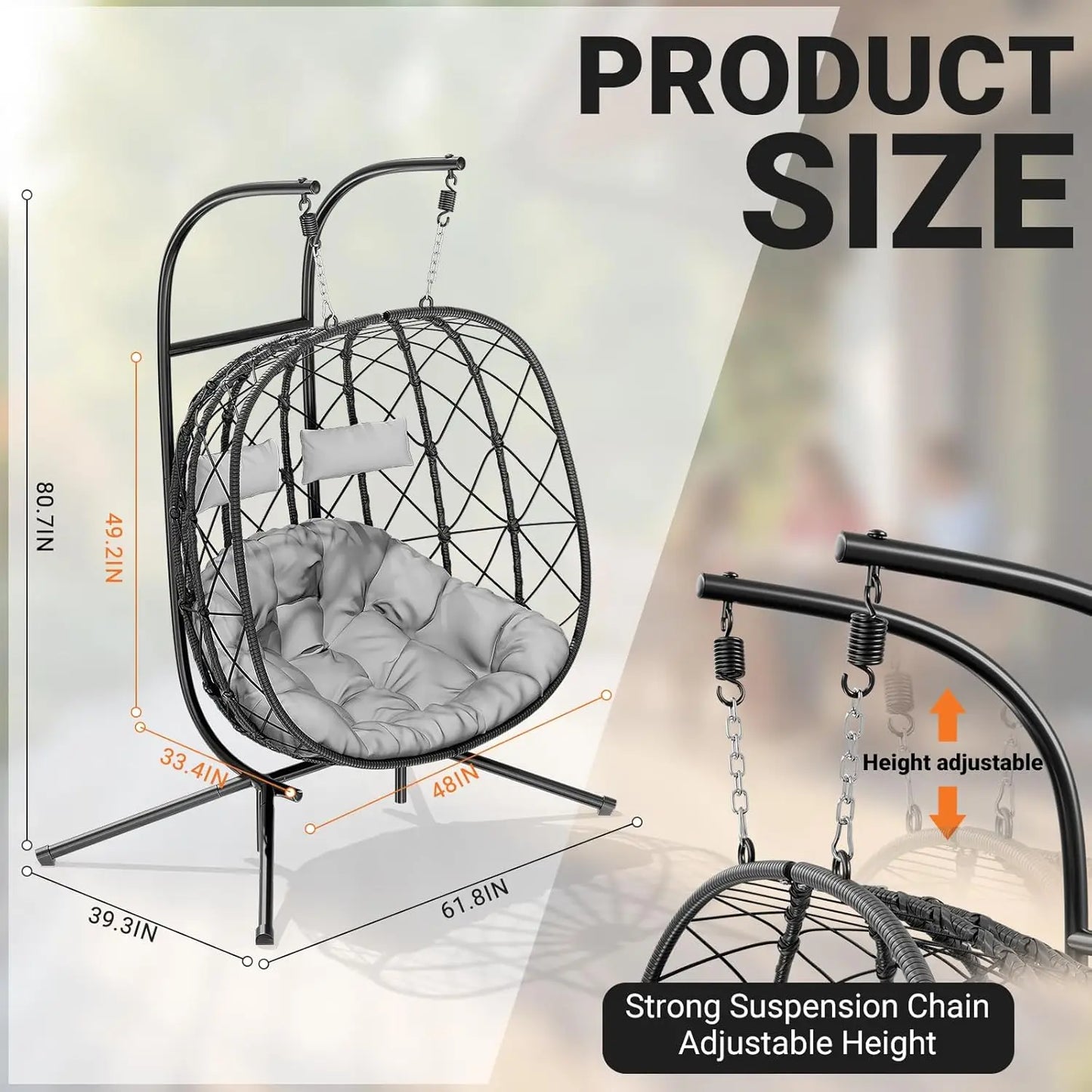 Double Egg Swing Chair with Stand - 2 Person Outdoor Patio Hanging Wicker Hammock Chair with Cushion, Customized