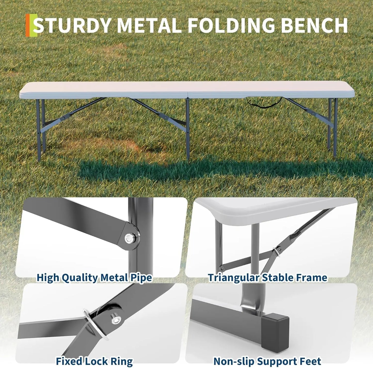 6Ft Plastic Folding Bench, 2 Pack HDPE Portable Folding Outdoor Benches w/Carrying Handle for Picnic Camping Sports Activities