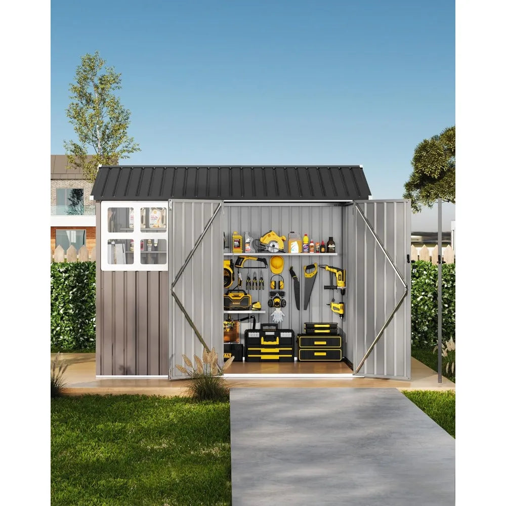 6x8 Ft Metal Outdoor Storage Shed Garden Tool Shelter with Updated Frame Structure Lockable Doors & Windows Ideal Customized Sol