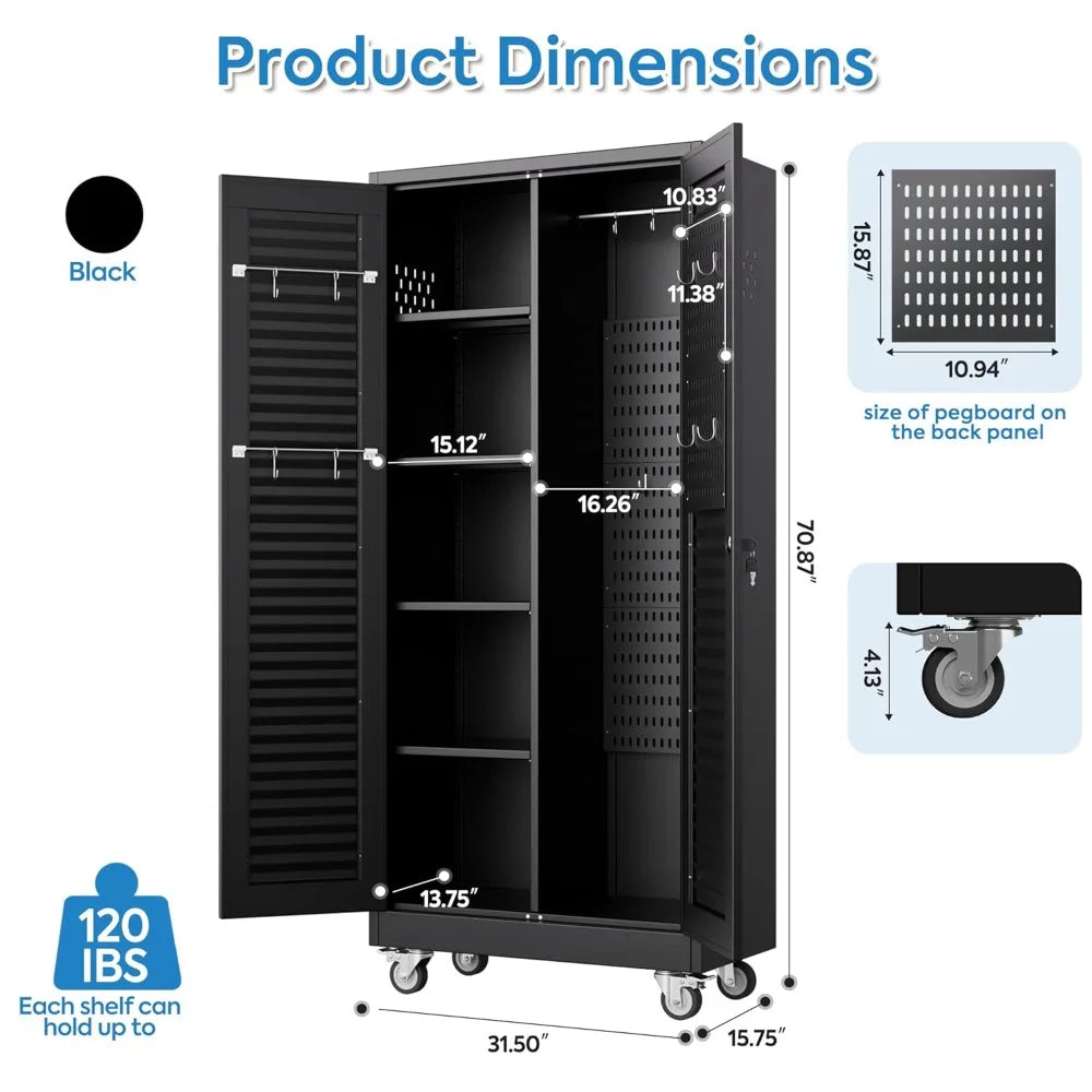 Lockable Metal Storage Cabinet with 4 Adjuatable Shelves,Garage Storage Cabinet with Wheels and 5 Remove, Customized