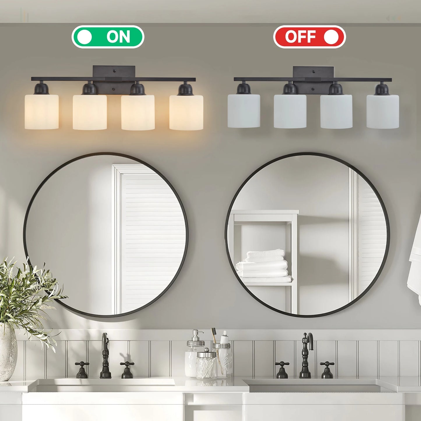 4-Light Bathroom Light Fixtures Over Mirror, Modern Matte Black Vanity Lights with White Frosted Glass Shade for Mirror Bedroom