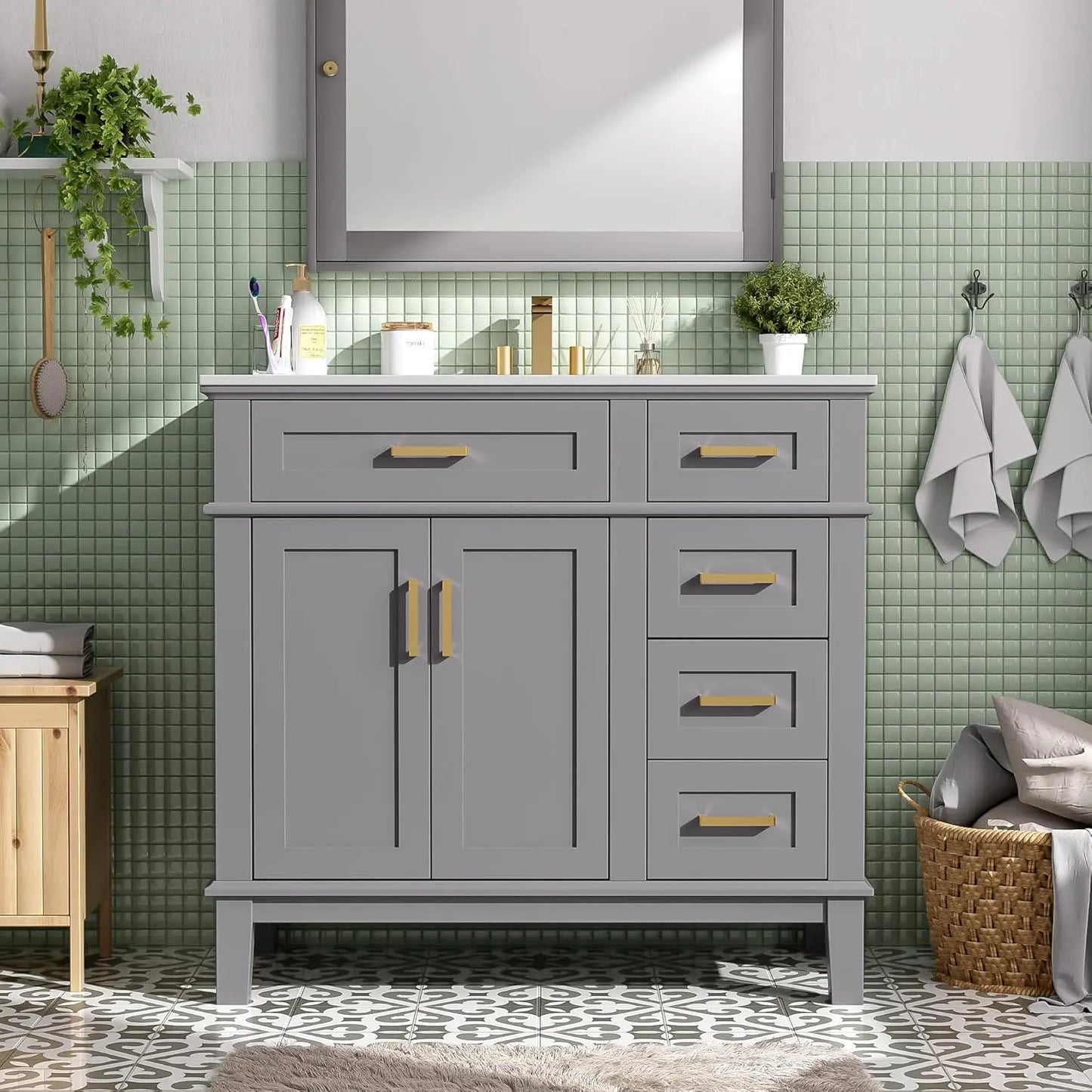 36 inch Bathroom Vanity with Sink, Modern Wood Bathroom Cabinet in Green, Bathroom Vanity Set with Tip-Out Drawer,, Customized